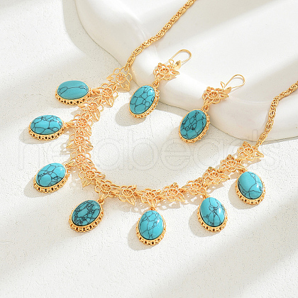 Middle Eastern Synthetic Turquoise & Alloy Oval Pendant Necklace & Earrings Sets for Wedding AL5666-1