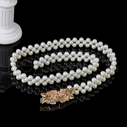 White Acrylic Imitiaotn Pearl Beaded Elastic Chain Belts with Alloy Buckles WGEAB88-10-1