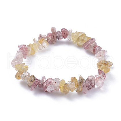 Natural Gold Rutilated Quartz & Strawberry Quartz Chip Stretch Bracelets BJEW-JB04490-02-1