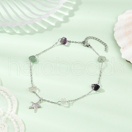 Natural Fluorite Chip Bead Chain Anklets AJEW-AN00671-01-1