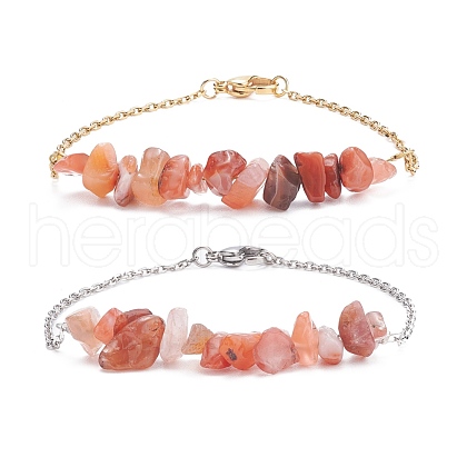 2Pcs 2 Color Natural Carnelian(Dyed) Chip Beaded Link Bracelets Set with 304 Stainless Steel Cable Chains BJEW-JB07914-04-1