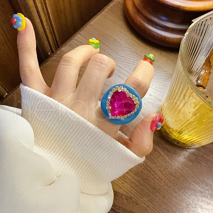 Heart Resin & Crystal Rhinestone & Glass Finger Rings FS-WGE223F-04-1