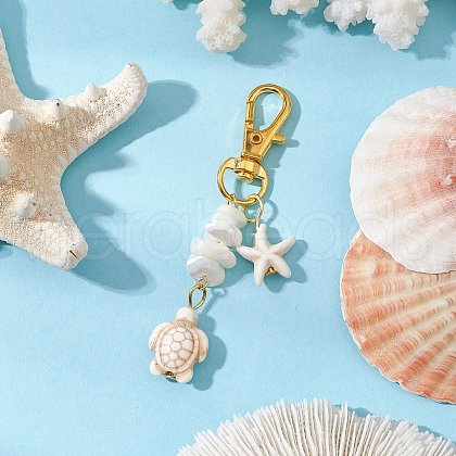 Starfish & Sea Turtle Synthetic Turquoise & Natural White Mother of Pearl Shell Chip Pendant Decorations HJEW-JM03169-01-1
