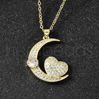 Brass Micro Pave Clear Cubic Zirconia Heart Moon Pendant Necklaces for Women NJEW-D311-02D-G-1