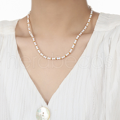 French Vintage Natural White Jade Bamboo & Stainless Steel Round Beaded Necklaces for Women KF2019-1