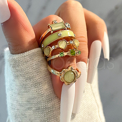 5Pcs Rectangle & Heart Alloy Enamel & Rhinestone Finger Rings Sets for Women WG67DEB-03-1
