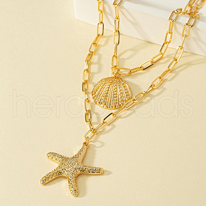 Bohemian Summer Alloy Shell Shape Starfish Pendant Double Layered Necklaces for Women FS-WGC6D9A-01-1