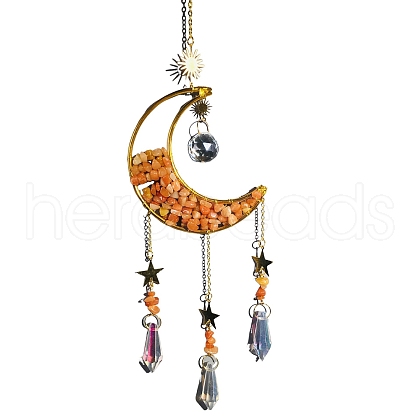 Natural Red Aventurine Chip & Metal Moon Hanging Ornaments PW-WG44395-07-1