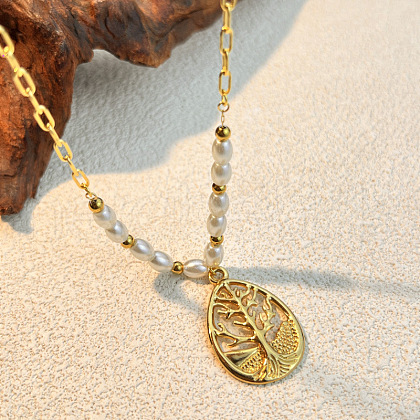 304 Stainless Steel & Plastic Pearl Teardrop with Tree Pendant Necklaces for Women NJEW-U051-01G-1