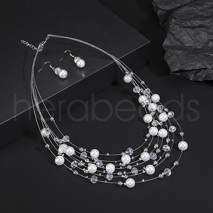 Alloy & Resin & Plastic Pearl Round Beaded Multilayer Necklace & Dangle Earring Sets FS-WG2F3F6-04-1