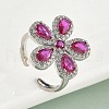 Flower Brass Micro Pave Cubic Zirconia Cuff Rings for Women RJEW-A069-14P-3