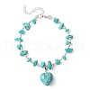 Synthetic Turquoise Heart Charm Bracelet with Chips Beaded Chains BJEW-TA00295-03-1