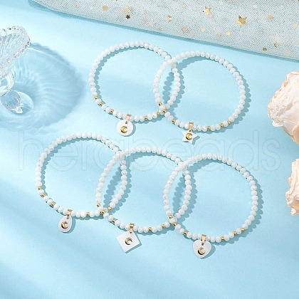 5Pcs 5 Styles Natural Freshwater Shell with Metal Moon Slice Charm Bracelets BJEW-JB11688-2-1