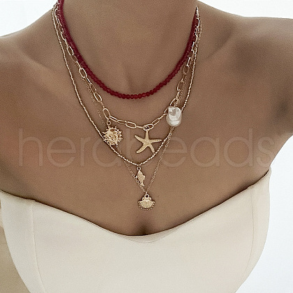 Summer Beach Alloy & Imitation Pearl & Dark Red Glass Beaded Starfish Shell Sun Pendant Multi Layered Necklaces for Women FS-WG8B7EE-09-1