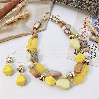 Wood Beaded Double Layer Necklaces & Dangle Earrings Sets FS-WGB5610-04-1