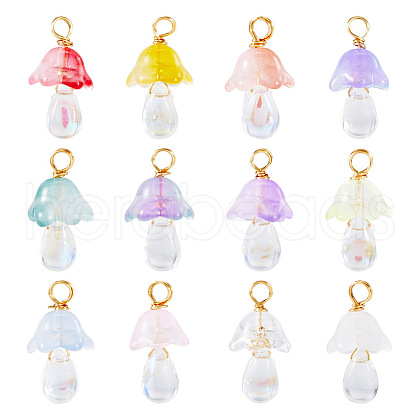 12Pcs Golden Tone Brass Wire Wrapped Mushroom Glass Pendants PALLOY-TAC0161-1