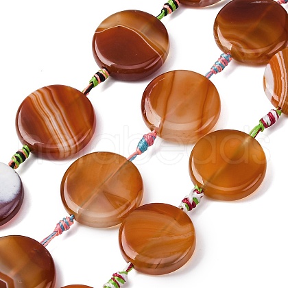 Natural Striped Agate/Banded Agate Coin Beads Strands G-NH0040-01B-1