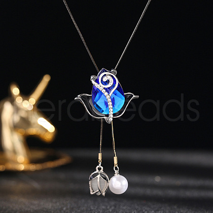 Flower Alloy Sapphire Rhinestone & Plastic Pearl Long Tassel Y Necklaces for Women FS-WG6712B-04-1