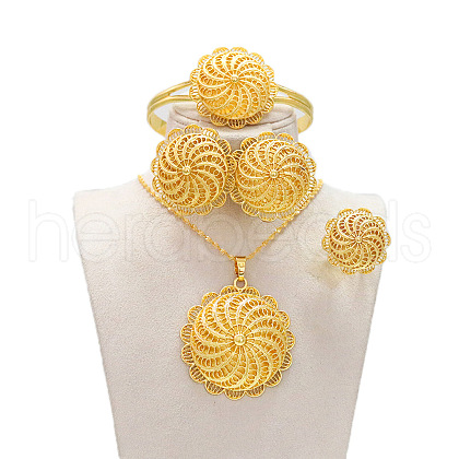 Flower Alloy Pendant Necklace & Stud Earring & Ring & Cuff Bangles Sets FS-WGA0F38-01-1