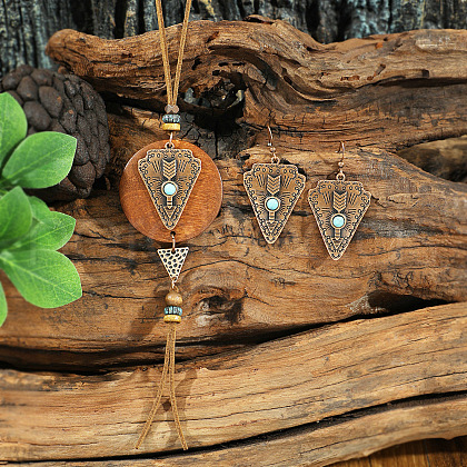 Bohemian Style Alloy & Wood & Leather Dangle Earrings & Necklaces Sets FS-WG3D99C-07-1
