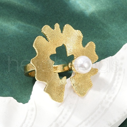 Brass with ABS Plastic Pearl Cuff Rings for Women RJEW-M075-01G-1