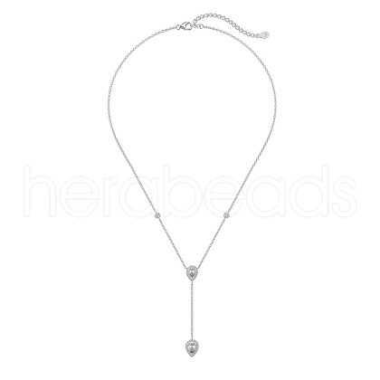 Rhodium Plated 925 Sterling Silver Pave Clear Cubic Zirconia Cable Chain Teardrop Tassel Pendant Necklaces for Women NJEW-Q342-08P-1