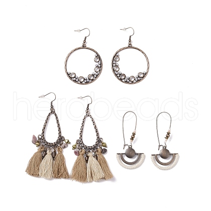 3 Pairs 3 Style Ring & Teardrop & Fan Alloy Dangle Earrnigs with Dalmatian Jasper Chips EJEW-P200-08R-1
