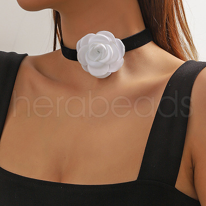 3D Rose Polyester Band Choker Necklaces with Alloy End Chains FS-WGA9896-01-1
