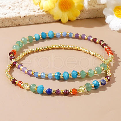 2Pcs Natural Amethyst & Purple Garnet & Lapis Lazuli & Malaysia Jade & Garnet & Dyed Blue White Jade & Peridot & Cubic Zirconia & Glass Round Beads Stretch Bracelets for Women QR6473-1