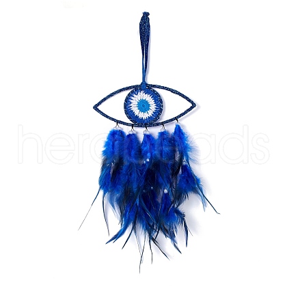 Handmade Evil Eye Woven Net/Web with Feather Wall Hanging Decoration HJEW-K035-05-1