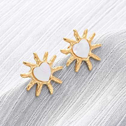 304 Stainless Steel Natural White Shell Stud Earrings EJEW-Z103-11G-1
