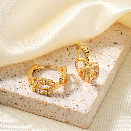 Elegant Brass Clear Cubic Zirconia Oval Hoop Earrings VO8748-1-1