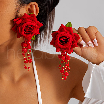 Rose Cloth with Resin Round Beaded Tassel Stud Earrings FS-WGC8AAB-01-1