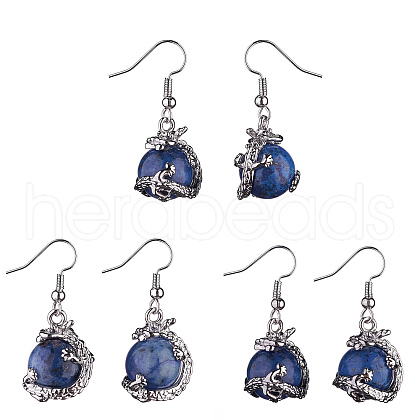 Natural Dyed Lapis Lazuli Dragon Dangle Earrings EJEW-A092-12P-06-1