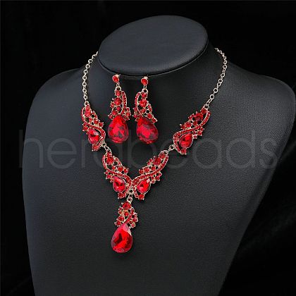 Teardrop Alloy Rhinestone Pendant Necklaces & Stud Dangle Earrings Sets FS-WGB9BB4-01-1