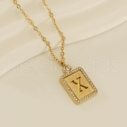 304 Stainless Steel Micro Pave Clear Cubic Zirconia Rectangle with Hollow Letter Pendant Necklaces FS-WGAE794-01-1