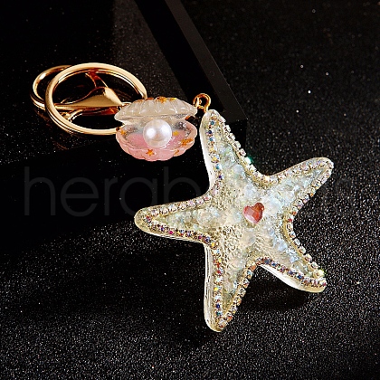 Diamond-Studded Starfish Shell Car Zinc Alloy Keychain Acrylic Cute Men and Women Bag Pendant Metal Keychain Ring Gift PW-WG2593B-01-1