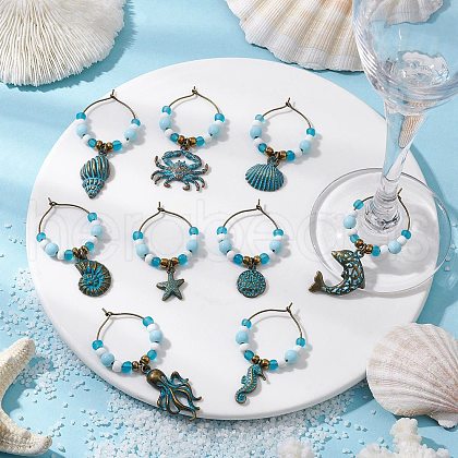 Sea Animal Alloy Wine Glass Charms AJEW-JO00259-1
