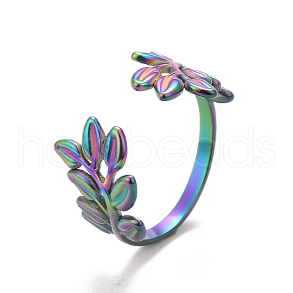 Ion Plating(IP) Rainbow Color 304 Stainless Steel Leaf Open Cuff Ring for Women RJEW-C025-09M-1