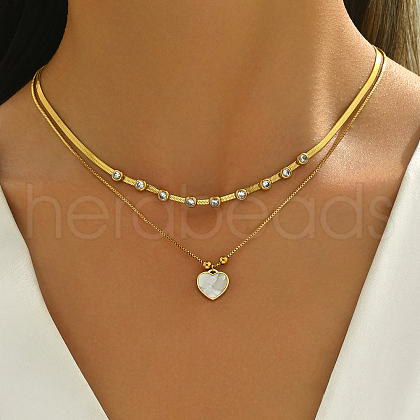 Stainless Steel Pave Natural Shell & Crystal Rhinestone Heart Pendant Double Layer Necklaces for Elegant Ladies' Date Party VQ9886-1