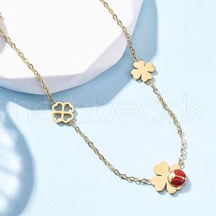 304 Stainless Steel FireBrick Enamel Ladybug Clover Link Chain Necklaces NJEW-R026-11G-1