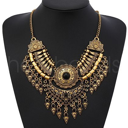 Ethnic Style Zinc Alloy Pave Synthetic Turquoise Teardrop Statement Chunky Bib Necklaces for Women FS-WG23959-03-1