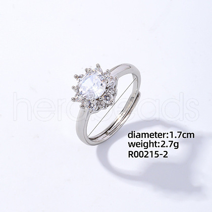 Mother's Day Rings Flower Platinum Brass Adjustable Ring with Cubic Zirconia EG7863-30-1