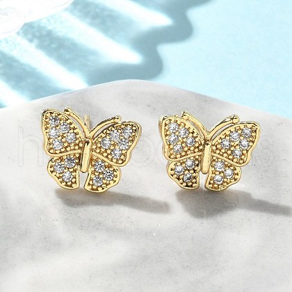 Butterfly Brass Micro Pave Clear Cubic Zirconia Stud Earrings EJEW-A132-07G-1