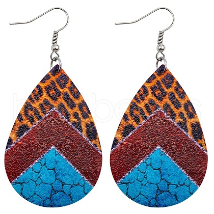 Imitation Leather Teardrop with Leopard Print Dangle Earrings BOHO-PW0001-004A-1