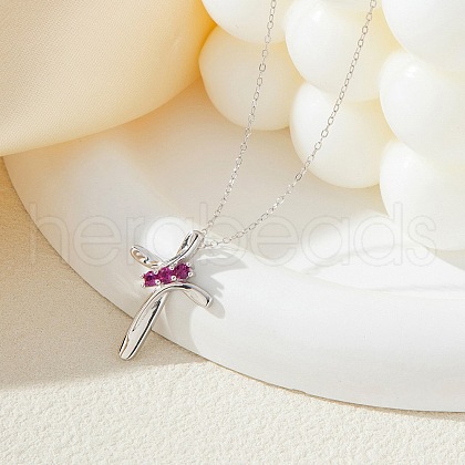 925 Sterling Silver Deep Pink Cubic Zirconia Cross Pendant Necklaces for Women FS-WGC3BD8-01-1