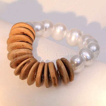 Plastic Pearl & Natural Coconut Beaded Stretch Bracelets for Women WGB2189-01-1