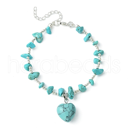 Synthetic Turquoise Heart Charm Bracelet with Chips Beaded Chains BJEW-TA00295-03-1