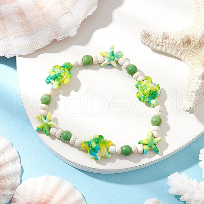 Starfish & Turtle Synthetic Turquoise Dyed Beads Stretch Bracelets for Women BJEW-JB11920-02-1