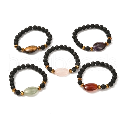 Natural Lava Rock & Oval Mixed Stone Beads Stretch Bracelet BJEW-JB07077-1